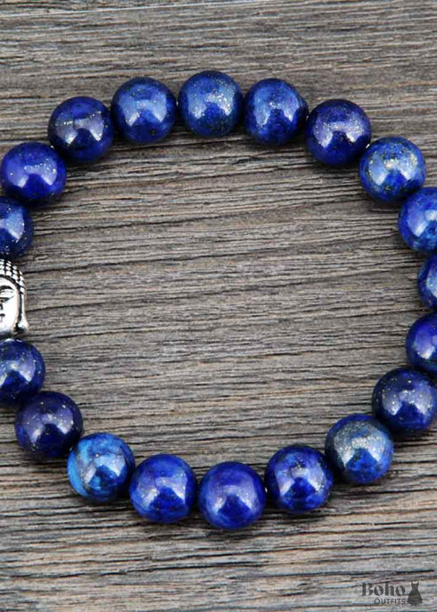 Boho Bracelet, Stretchy Bracelet, 8MM Blue Lapis Luzuli Antique Buddha